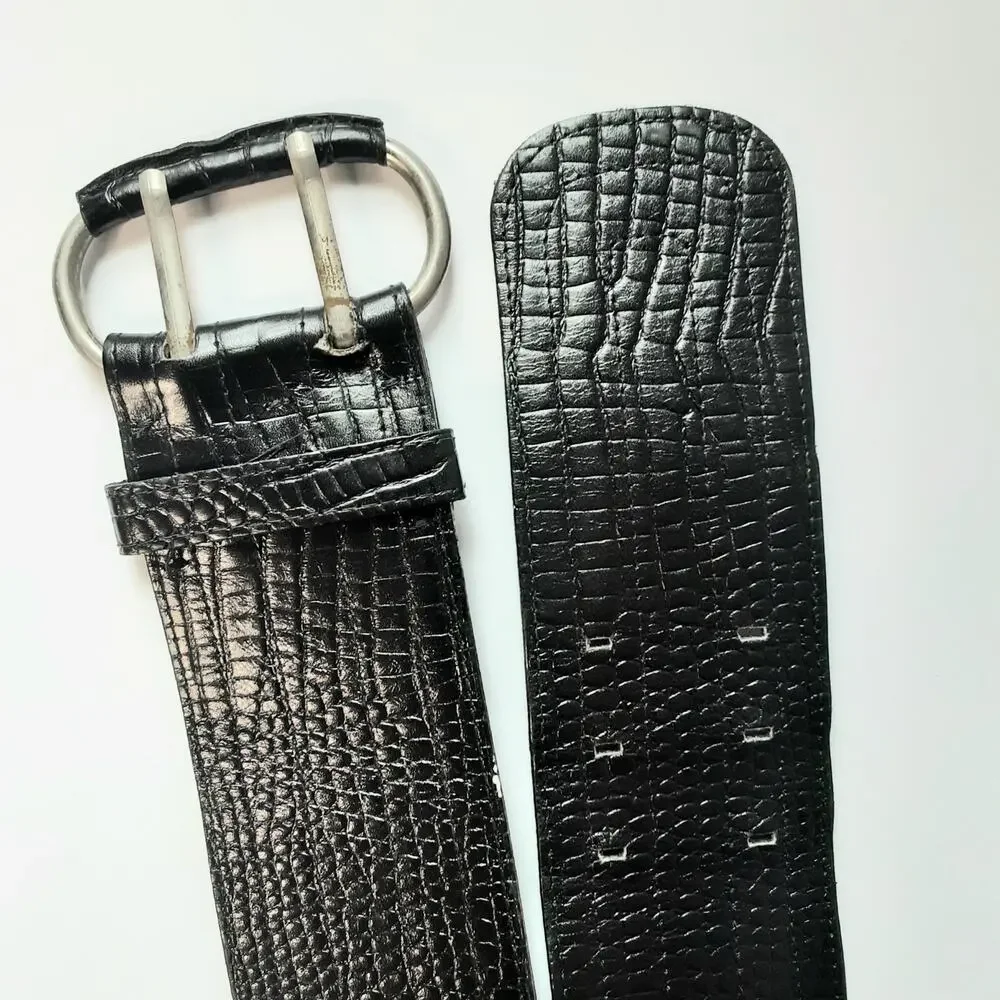 Abbe' Creations Womens Black Crocodile Embossed Genuine Leather Wide Belt Small